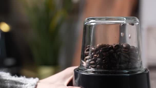 Blender mahlt Kaffeebohnen. Nahaufnahme. — Stockvideo