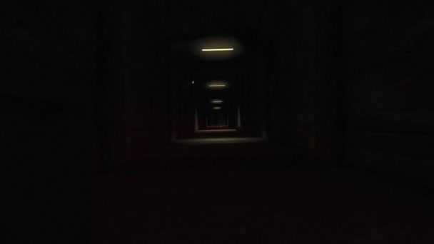 Динамічна сцена фільму жахів в темному страшному коридорі з порожнім інвалідним візком — стокове відео