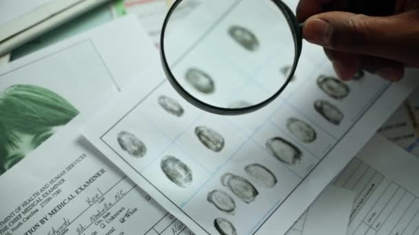 Detective Investigating Fingerprints Magnifying Glass Professional Making Dactyloscopic Expertise Fingerprints — Wideo stockowe