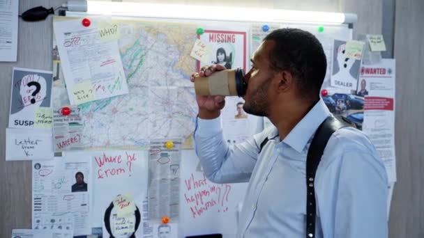 Handsome Male Policeman Holster Drinks Coffee While Doing Investigation His — Stock Video