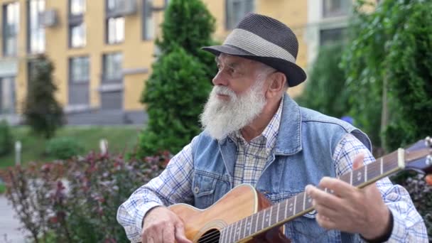 Close Senior Retired Elderly Man Playing Acoustic Guitar Alone Sitting — Stok video
