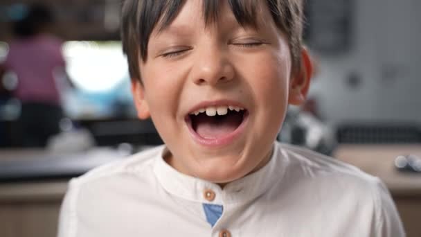 Portret Szczęśliwego Kichania Uśmiechniętego Chłopca Podstawówki Kaukaskiej Patrzącego Przed Kamerą — Wideo stockowe