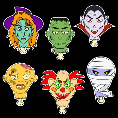 Bir canavar koleksiyonu. Bir cadının, bir vampirin, Frankenstein 'ın, bir mumyanın, kötü bir palyaçonun ve bir zombinin vektör görüntüleri. Cadılar Bayramı için bir etiket seti