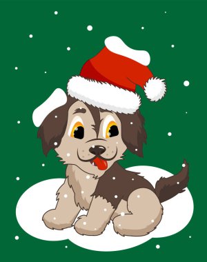 Noel şapkalı bir köpek yavrusu. Köpek yavrusu ve karlı Noel illüstrasyonu. Bir köpek yavrusu ile vektör illüstrasyon.
