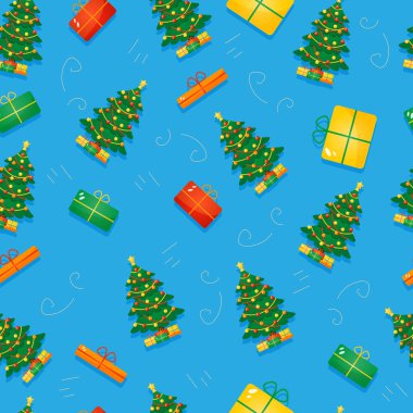 Noel ağaçları ve hediyelerle Noel mavisi desen. Paketleme ve Noel hediyeleri için bir tasarım unsuru. Noel için vektör deseni.