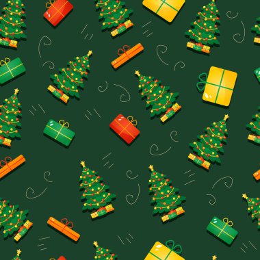 Noel ağaçları ve hediyelerle Noel yeşili desen. Paketleme ve Noel hediyeleri için bir tasarım unsuru. Noel için vektör deseni.