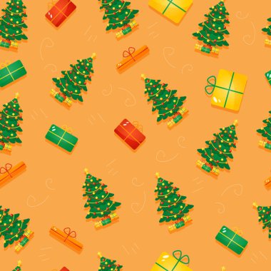 Noel ağacı ve hediyeli Noel turuncu desenli. Paketleme ve Noel hediyeleri için bir tasarım unsuru. Noel için vektör deseni.
