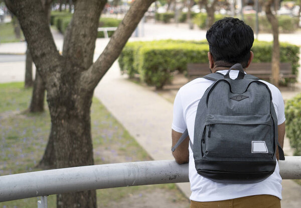 задний снимок студента-туриста, опирающегося на перила с рюкзаком, смотрящего в парк