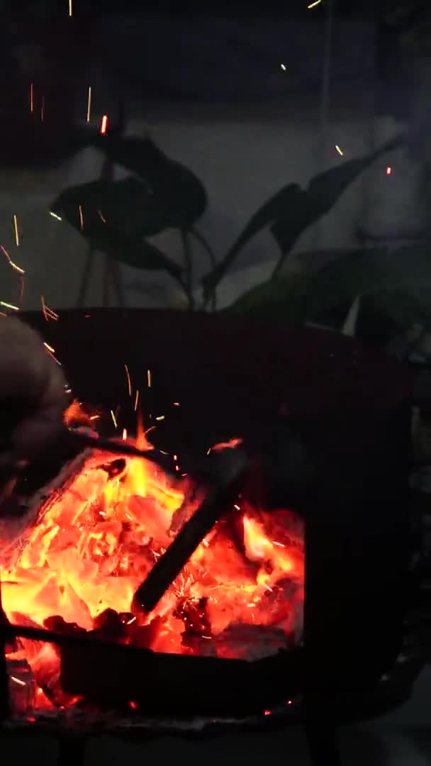 Pala Video Verticale Sollevamento Carbone Fiamme Barbecue — Video Stock