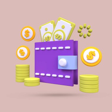 Para resimleme arka planı olan cüzdan, 3D, iş fikri konsepti için simge oluştur