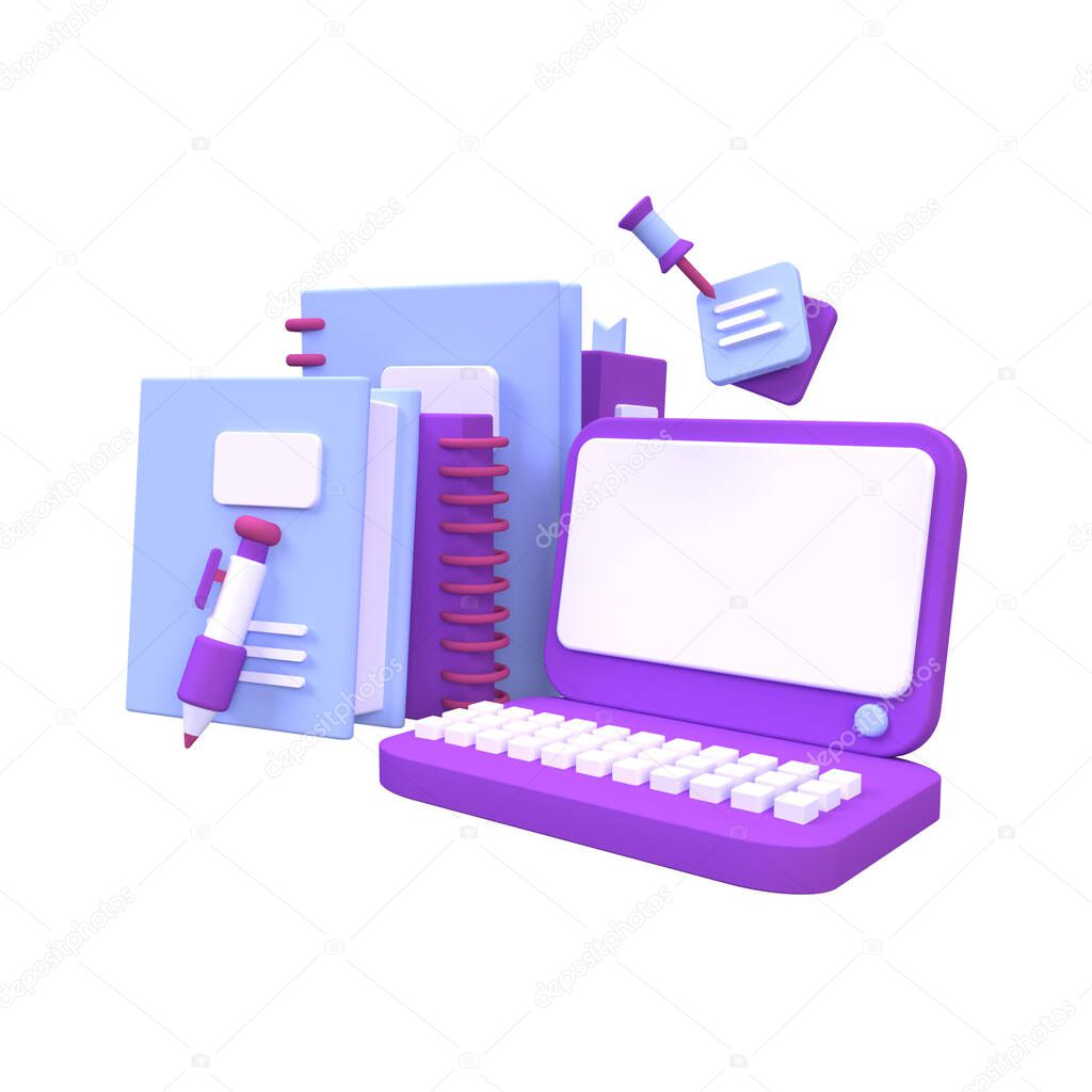 stack of books with laptop illustration background, 3D, render icon for business idea concept