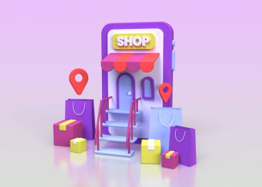 Çevrimiçi mağaza akıllı telefon dükkânı konsept resimleme iş fikri arka planı, 3D, render