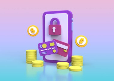 Ticari fikir geçmişi için çevrimiçi alışveriş güvenlik konsepti illüstrasyonuna sahip koruma kalkanı, 3D, render