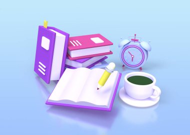 İş fikri konsepti için kitap ve kalem eğitimi konsepti çizimi, 3D, render