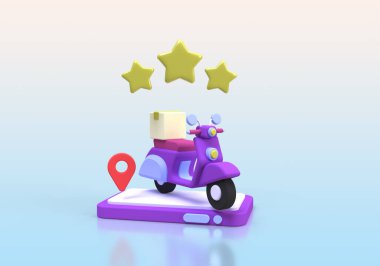 Ticari fikir geçmişi için mobilet konsepti illüstrasyonuyla çevrimiçi alışveriş ve dağıtım, 3D, render