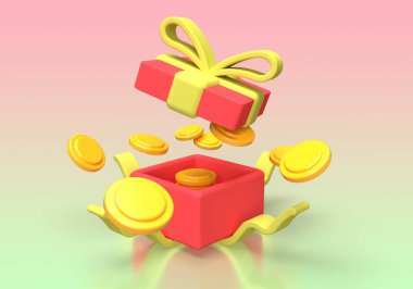 Ticari fikir geçmişi için madeni para konsepti illüstrasyonlu sürpriz hediye kutularını aç, 3D, render