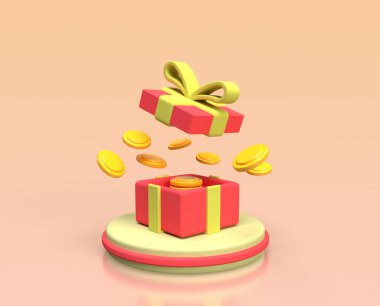 Ticari fikir geçmişi için madeni para konsepti illüstrasyonlu sürpriz hediye kutularını aç, 3D, render