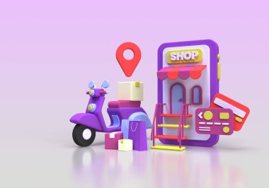 Ticari fikir geçmişi için mobilet konsepti illüstrasyonuyla çevrimiçi alışveriş ve dağıtım, 3D, render
