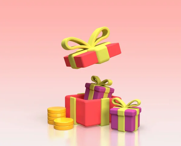 Scatole Sorpresa Regalo Aperto Con Monete Concetto Illustrazione Idea Business — Foto Stock