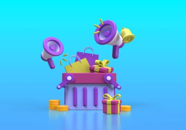 İş fikri konsepti için Mavi Megafon illüstrasyon 3B canlandırma simgesi