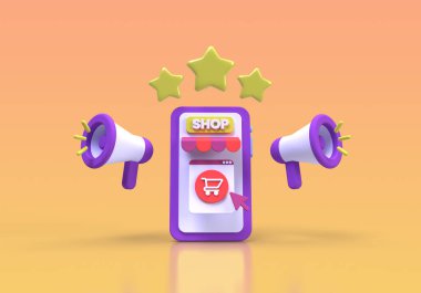 İş fikri konsepti için sunum hizmeti illüstrasyonu için yıldız derecelendirme konsepti ile çevrimiçi alışveriş yapmak 3B oluşturma