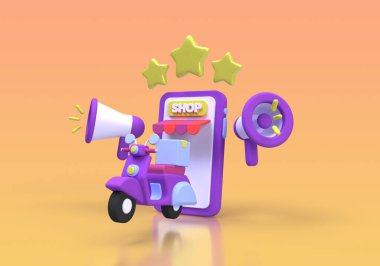 Ticari fikir konsepti için mobilet konsepti çizimi içeren online alışveriş ve teslimat 3B oluşturma