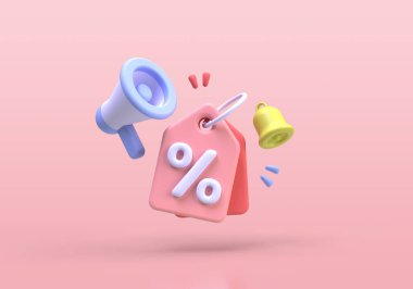 Megafonlu kupon ve indirimli alım için yüzde işareti online iş fikri konsepti 3D oluşturma