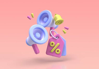 Megafonlu kupon ve indirimli alım için yüzde işareti online iş fikri konsepti 3D oluşturma