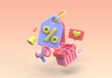 Megafonlu kupon ve indirimli alım için yüzde işareti online iş fikri konsepti 3D oluşturma