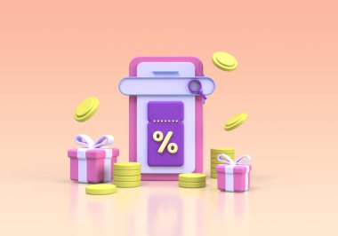 Telefonlu kupon ve indirimli alım için yüzde işareti online iş fikri konsepti 3D oluşturma