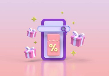 Telefonlu kupon ve indirimli alım için yüzde işareti online iş fikri konsepti 3D oluşturma