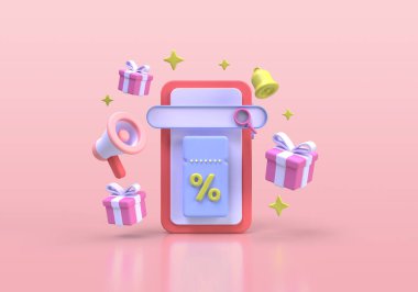 Telefonlu kupon ve indirimli alım için yüzde işareti online iş fikri konsepti 3D oluşturma