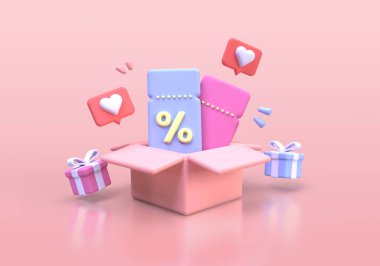 Hediye kutulu kupon ve indirimli alım satım için yüzde işareti online iş fikri konsepti 3 boyutlu oluşturma