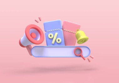 Megafonlu kupon ve indirimli alım için yüzde işareti online iş fikri konsepti 3D oluşturma