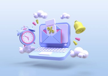 Coupon with laptop and a percentage sign for a bargain purchase online business idea concept background 3D render
