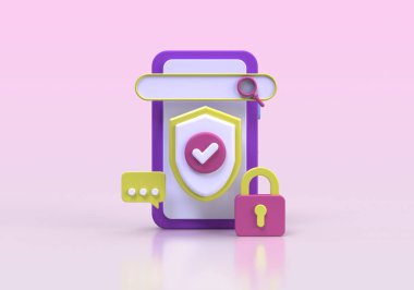 Telefon illüstrasyon arka planına sahip modern kalkan koruması iş fikri konsepti için 3B canlandırma simgesi