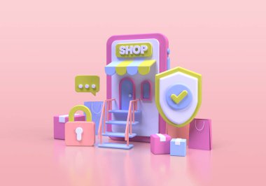 Telefon illüstrasyon arka planına sahip modern kalkan koruması iş fikri konsepti için 3B canlandırma simgesi