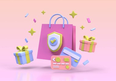 İş fikri konsepti için dizüstü bilgisayar resimli modern kalkan koruması 3B oluşturma simgesi