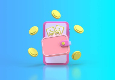 Cep telefonlu para cüzdanı veya akıllı telefon konsepti resimleme arkaplan 3B oluşturma için iniş sayfası şablonu