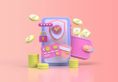 Çevrimiçi alışveriş güvenliği konsepti illüstrasyon İniş sayfası şablonu iş fikri konsepti için 3B oluşturma