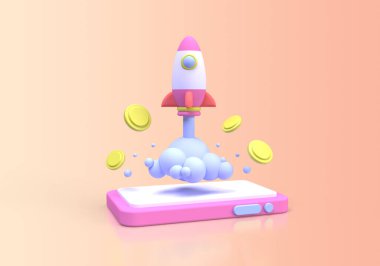 Akıllı telefon konsepti illüstrasyonlu roket fırlatmaları iş fikri konsepti için iniş sayfası şablonu 3B görüntüleme