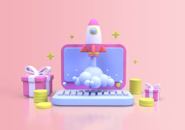 İşletme fikri konsepti için dizüstü konsepti illüstrasyon indirme sayfası şablonu içeren roket fırlatmaları 3B oluşturur