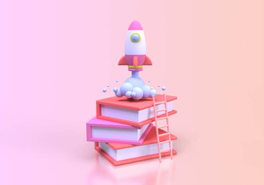 Roket Fırlatmaları, iş fikri konsepti için çevrimiçi eğitim illüstrasyonları İniş sayfası şablonu 3B oluşturur