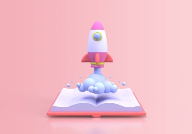 Roket Fırlatmaları, iş fikri konsepti için çevrimiçi eğitim illüstrasyonları İniş sayfası şablonu 3B oluşturur