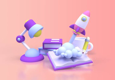 Roket Fırlatmaları, iş fikri konsepti için çevrimiçi eğitim illüstrasyonları İniş sayfası şablonu 3B oluşturur