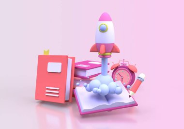 Roket Fırlatmaları, iş fikri konsepti için çevrimiçi eğitim illüstrasyonları İniş sayfası şablonu 3B oluşturur