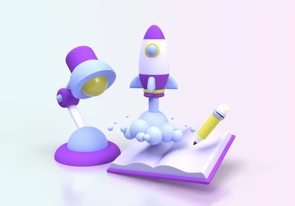 Rocket Lança Com Livro Ilustração Educação Line Modelo Landing Page — Fotografia de Stock