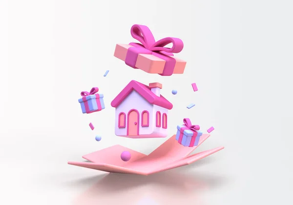 最小的房子与礼品盒概念插图登陆页模板商业背景3D渲染 — 图库照片
