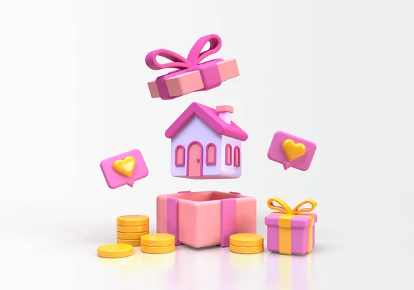 最小的房子与礼品盒概念插图登陆页模板商业背景3D渲染 — 图库照片