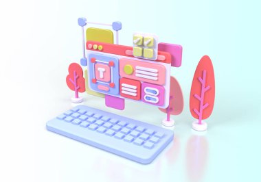 UI UX tasarım konsepti illüstrasyonu için Web Geliştirme İniş sayfası şablonu iş fikri arka planı 3B